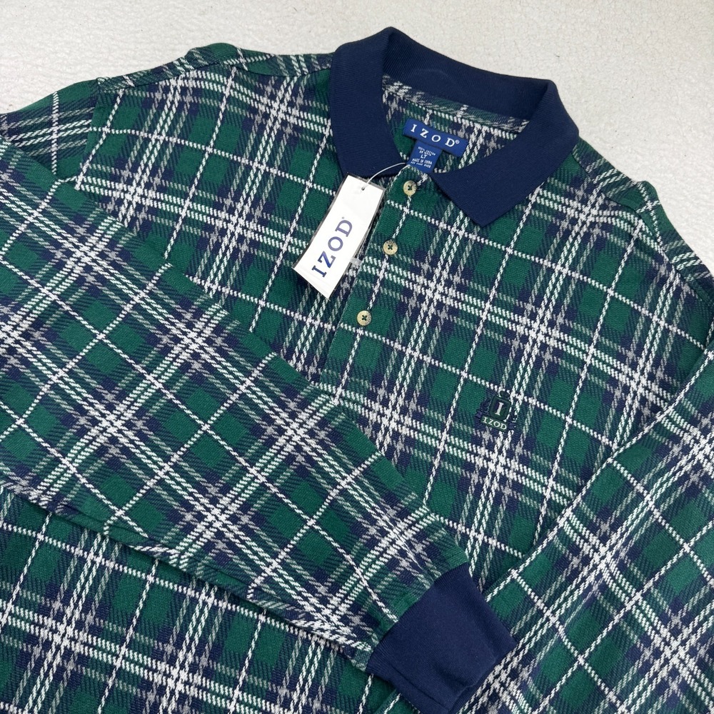 NWT Vintage IZOD Long Sleeve Polo Mens Large Tall Green tartan Plaid Deadstock